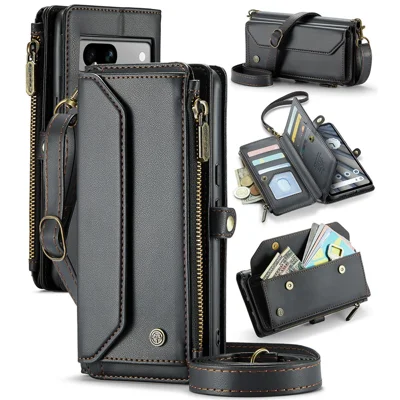 For Google Pixel 7a Leather Case CASEME C36 Zipper Multiple Card Slots Phone Cover with Straps - Black