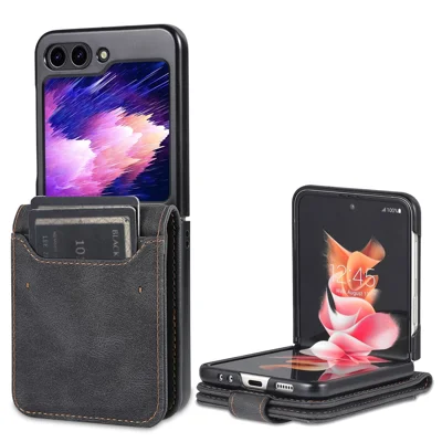 AZNS For Samsung Galaxy Z Flip7 FE 5G / Z Flip6 5G Case Card Slots PU Leather Folding Phone Cover - Black