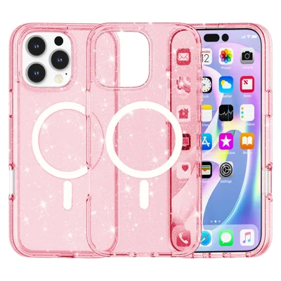 For iPhone 16 Pro Magnetic Case Compatible with MagSafe PC+TPU Glitter Phone Cover - Pink