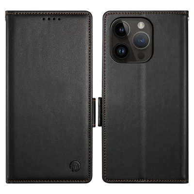 DF-010 For iPhone 14 Pro Max Case Stand Magnetic Clasp Leather Phone Cover - Black