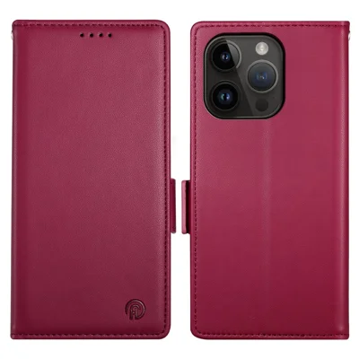 DF-010 For iPhone 14 Pro Max Case Stand Magnetic Clasp Leather Phone Cover - Wine Red