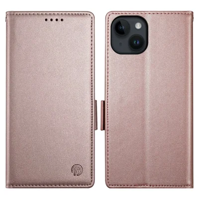 DF-010 For iPhone 14 Case Solid Color PU Leather Wallet Drop-proof Phone Cover - Rose Gold