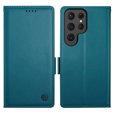 DF-010 For Samsung Galaxy S23 Ultra Case PU Leather Dual Magnetic Clasps Phone Cover - Blue