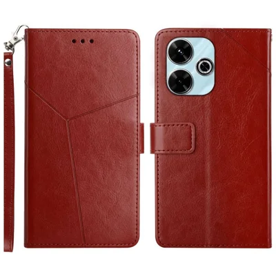 For Xiaomi Redmi 13 5G / 13 4G Case with Wrist Strap Y Shaped Lines Imprint Leather Phone Cover - Brown