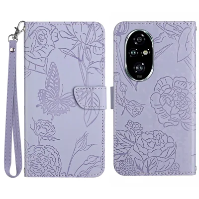 HT03 For Honor 200 Pro 5G Case PU Leather Phone Cover Butterfly and Flower Imprinted - Purple