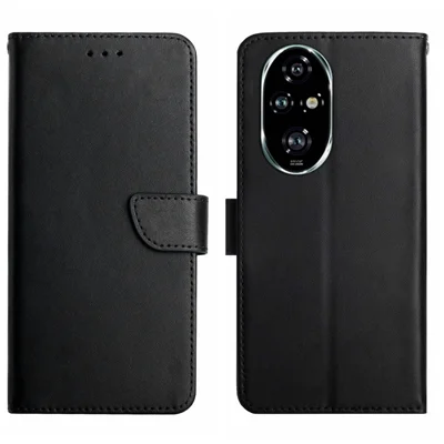 HT02 For Honor 200 5G Case Genuine Cow Leather Solid Color Phone Wallet Cover - Black