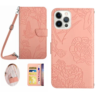 HT03 For iPhone 16 Pro Max Case Butterfly Flowers Leather Phone Cover Magnetic Flip Stand - Pink