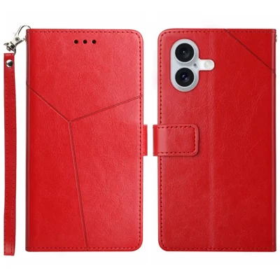 For iPhone 16 Case with Wrist Strap Y Shaped Lines Imprint Leather Phone Cover - Red
