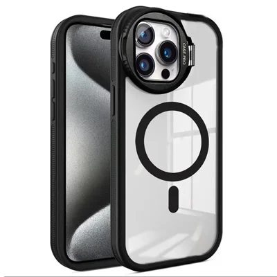 For iPhone 15 Pro Case Compatible with MagSafe Anti-drop Cell Phone Cover with Lens Cover Kickstand - Black