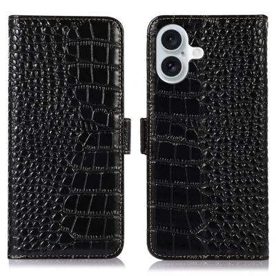 For iPhone 16 Plus Wallet Case RFID Blocking Genuine Cow Leather Phone Cover - Black