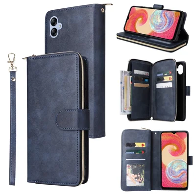 For Samsung Galaxy A04e 4G / F04 4G / M04 4G Case Zipper Leather Phone Cover 9 Card Slots - Blue