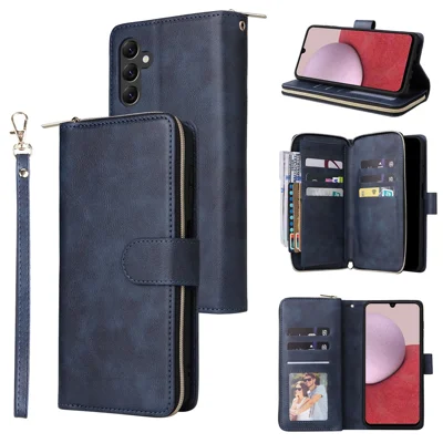 For Samsung Galaxy A14 5G Case 9 Card Slots PU Leather Zipper Phone Cover - Blue