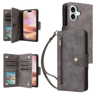 For iPhone 16 Case Zipper Wallet Leather Phone Cover with Rivet Decor - Grey