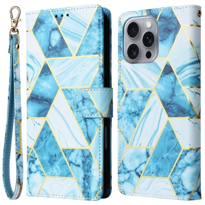 For iPhone 16 Pro Max Case Lacquered Marble Pattern Card Slots Wallet Leather Phone Cover - Blue