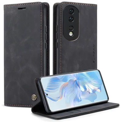 CASEME 013 Series For Honor 80 5G Case Anti-Scratch Stand Leather Phone Cover with Card Slot - Black