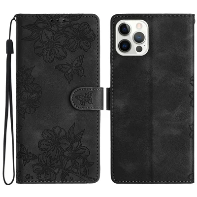 For iPhone 12 Pro Max Skin-Touch Feeling PU Leather Phone Case Imprinted Pattern Phone Cover Wallet - Black