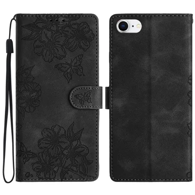 Voor iPhone 6 / 6s / 7 / 8 4,7 inch / SE (2020) / SE (2022) hoesje Sakura vlinderprint lederen portemonnee standaard telefoonhoes - Zwart