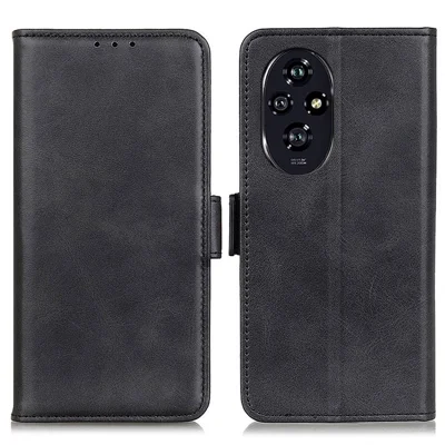 For Honor 200 5G Case Cowhide Texture Leather Phone Stand Cover - Black