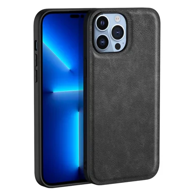 For iPhone 16 Pro Max Case Retro PU Leather Coated PC+TPU Phone Cover - Black