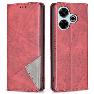For Xiaomi Redmi 13 5G / 13 4G / Poco M6 4G Case PU Leather Phone Cover Rhombus Shockproof Flip - Red