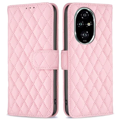 BINFEN COLOR BF Style-14 For Honor 200 Pro 5G Wallet Case Rhombus Leather Phone Cover - Pink