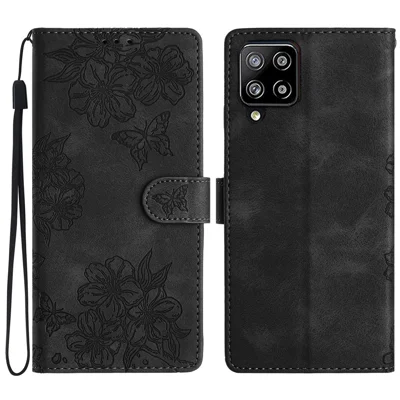 For Samsung Galaxy A22 4G (EU Version) Case Sakura Butterfly Imprint Leather Wallet Phone Cover - Black