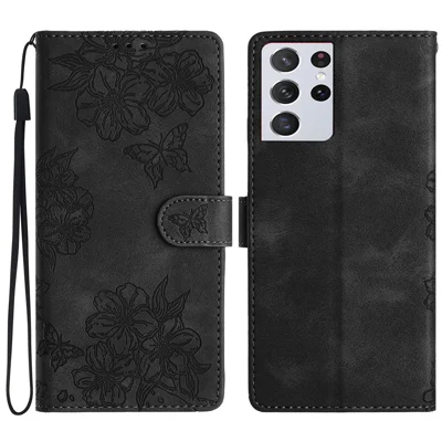 For Samsung Galaxy S21 Ultra 5G Phone Shell PU Leather Imprinted Pattern Wallet Phone Cover - Black