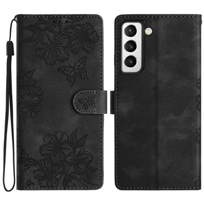 For Samsung Galaxy S21 5G / 4G   Phone Stand Case Sakura Butterfly Imprinted PU Leather Phone Cover - Black