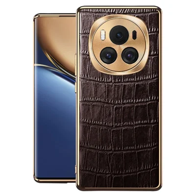 For Honor Magic6 5G Case Genuine Cow Leather+TPU Crocodile Texture Cell Phone Cover - Coffee