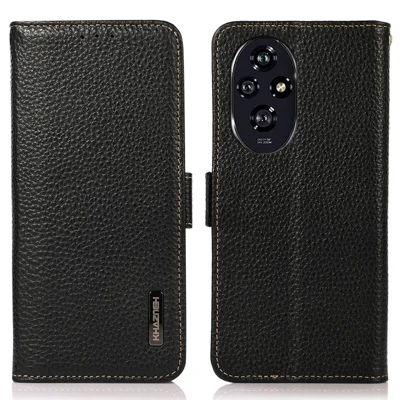 KHAZNEH For Honor 200 5G Phone Case RFID Blocking Genuine Cow Leather Flip Cover - Black