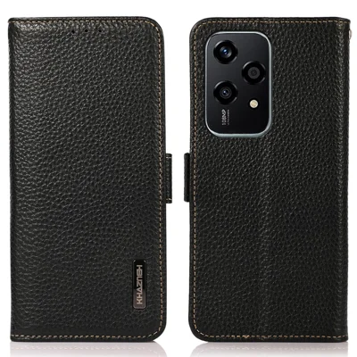 KHAZNEH For Honor 200 Lite Case RFID Blocking Genuine Cow Leather Flip Phone Cover - Black