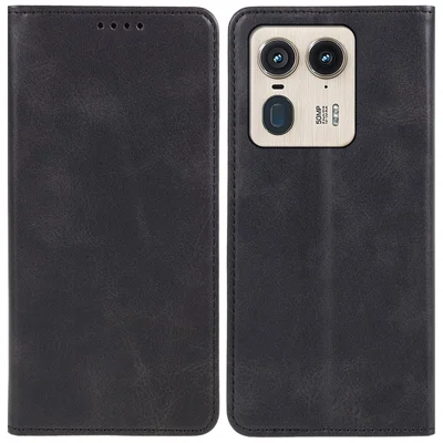 غطاء هاتف بتصميم قابل للطي مع حامل لهاتف Motorola Edge 50 Ultra 5G / Moto X50 Ultra 5G من الجلد مع إغلاق مغناطيسي - أسود