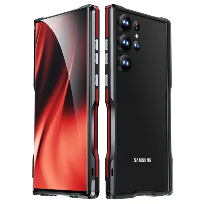 LUPHIE For Samsung Galaxy S24 Ultra Bumper Case Metal Bumper Frame No Back Design - Black / Red