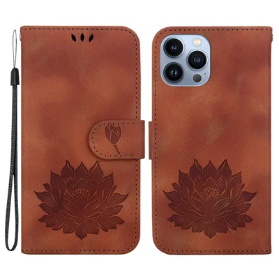For iPhone 15 Pro Max Lotus Imprinted PU Leather Wallet Case Stand Folio Flip Phone Cover - Brown