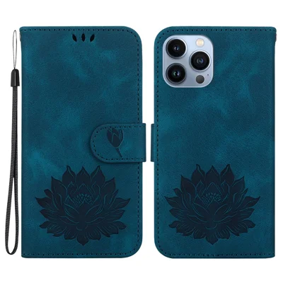 For iPhone 15 Pro Case Leather Slim Fit Wallet Phone Cover Lotus Pattern - Blue
