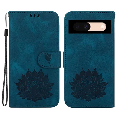 For Google Pixel 8a Case PU Leather Folio Flip Phone Cover Lotus Pattern - Blue