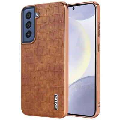 AZNS For Samsung Galaxy S21 FE 5G Case Crocodile Texture Electroplating Leather Back Phone Cover - Brown