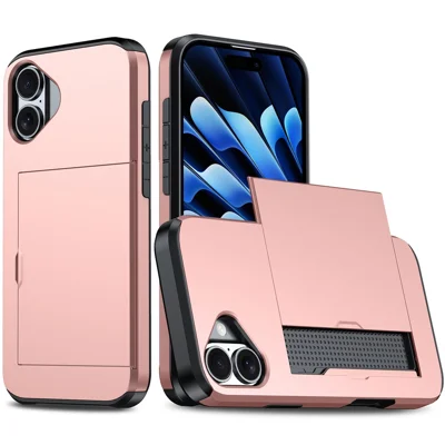 For iPhone 16 Plus Case with Card Holder TPU + PC Phone Cover Dual Layer Shockproof - Rose Gold