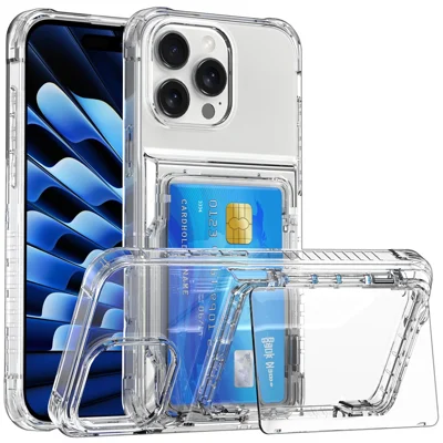 För iPhone 16 Pro Clear Case Högkantstöd Kortficka PC+TPU Mobilskal - Transparent