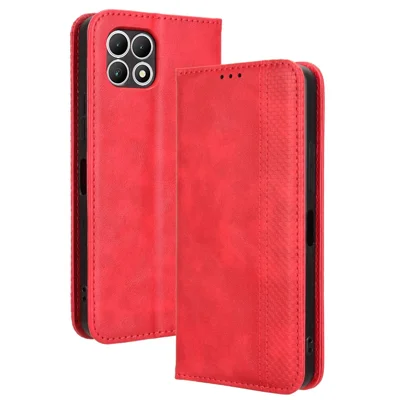 For T-Mobile REVVL 7 / T Phone 2 Case Magnetic Closing Retro Leather Phone Cover - Red