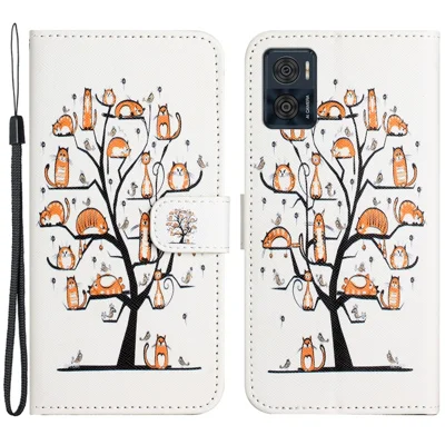 Voor Motorola Moto E14 4G / G04 4G / G04s 4G / G24 4G Hoesje Leren Telefoonhoesje met Kruistextuur Patroonprint - Kat en Boom