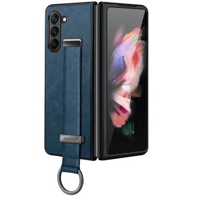 سلسلة SULADA الأنيقة لهاتف Samsung Galaxy Z Fold6 5G، غطاء بstrap وحامل جلد + PC - أزرق
