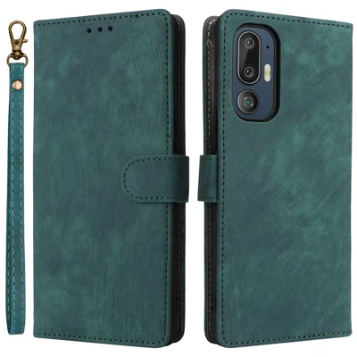 For HTC U24 Pro 5G Case RFID Blocking Wallet Leather Phone Cover with Strap - Green