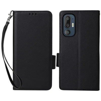 For HTC U24 Pro 5G Case with Wrist Strap Litchi Texture PU Leather Wallet Phone Cover - Black