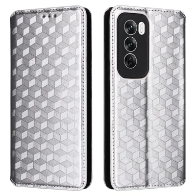 Fodral för Oppo Reno12 5G (Global) Rombskinnsskydd med ställfunktion och magnetisk låsning - Silver