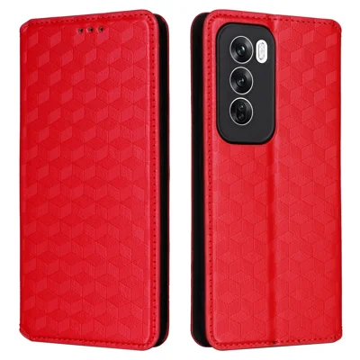 For Oppo Reno12 5G (Global) Case Rhombus Leather Phone Cover Stand Magnetic Closure - Red