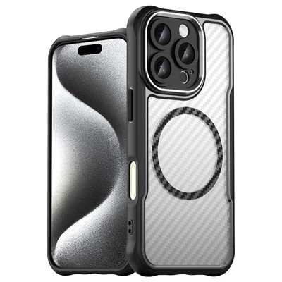 For iPhone 16 Pro Max Magnetic Case Carbon Fiber Texture TPU+PC Phone Cover - Black