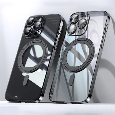For iPhone 15 Pro Case Compatible with MagSafe PC+TPU Phone Cover with Lens Film Invisible Kickstand - Black