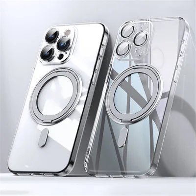 Voor iPhone 15 Pro-hoesje, compatibel met MagSafe, PC+TPU telefoonhoesje met lensfolie, onzichtbare standaard - transparant