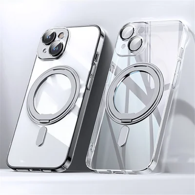For iPhone 14 Case Compatible with MagSafe PC+TPU Kickstand Electroplating Phone Cover - Transparent